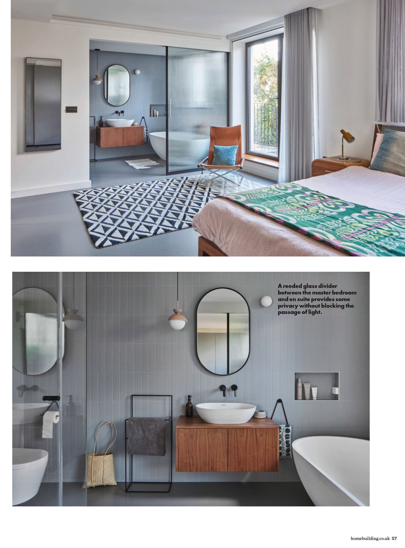 Modern bedroom with en suite bathroom, patterned rug, teal bedspread, and balcony doors