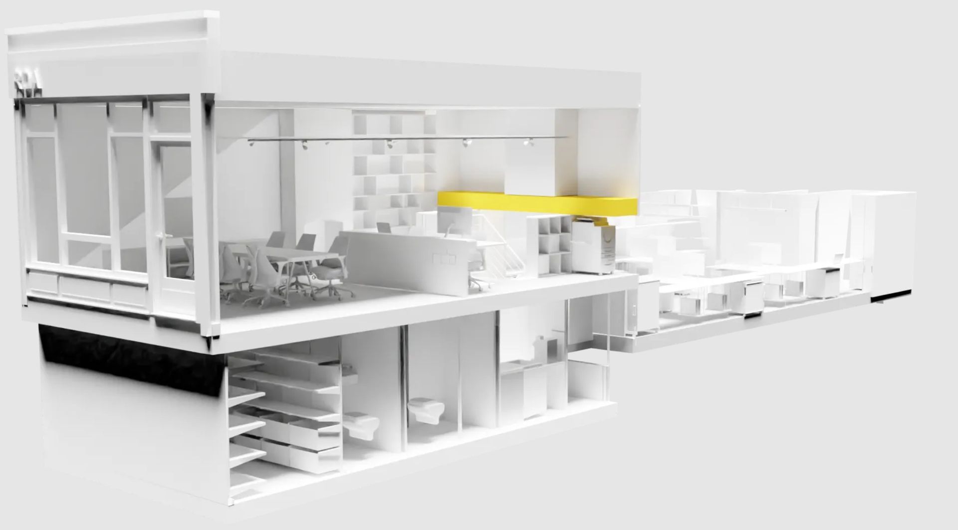 Minimalist white architectural model with open rooms and a yellow highlighted section