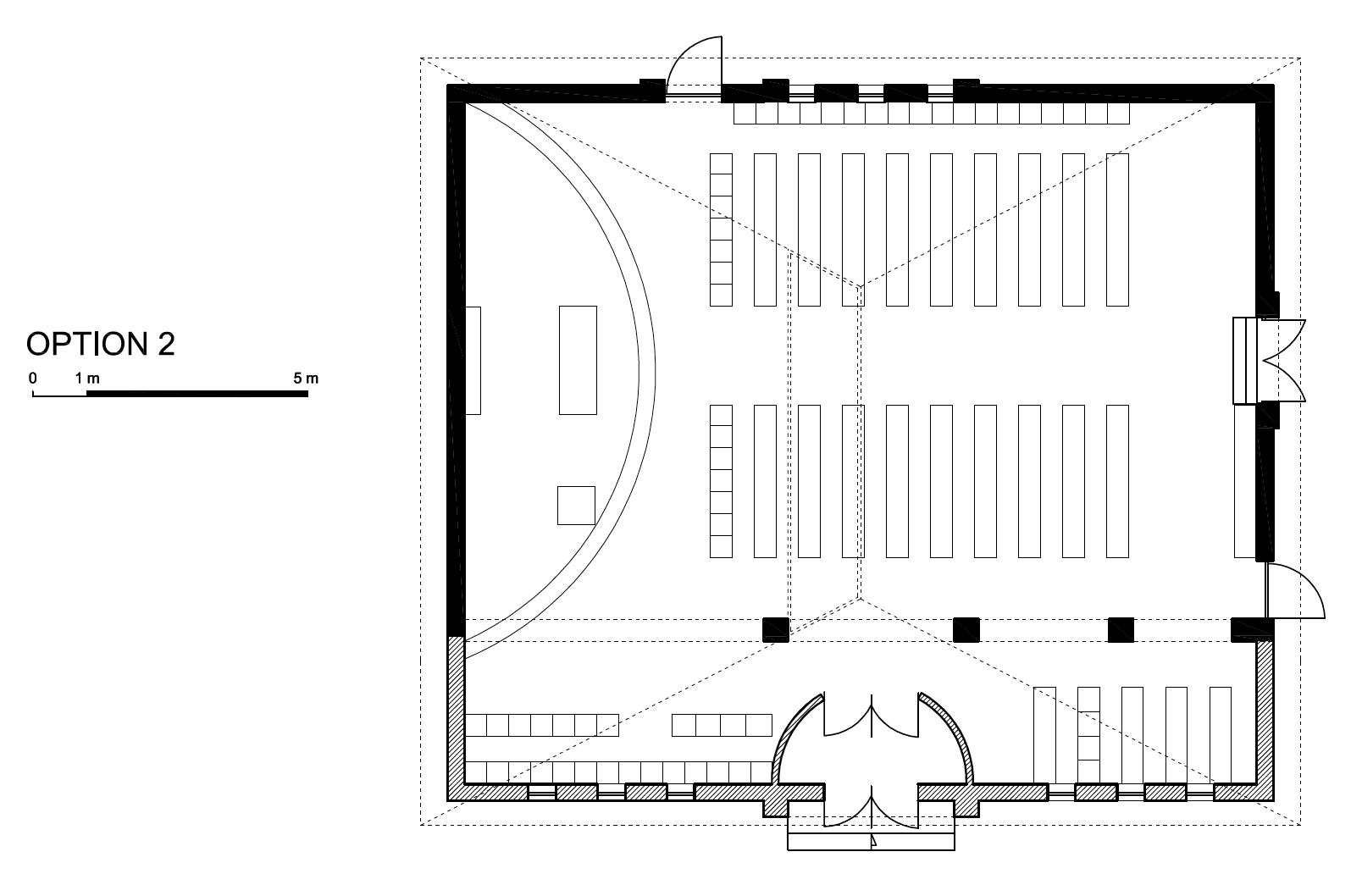 Floor plan of a room with rows of seats and a stage at the bottom, labeled “Option 2.”