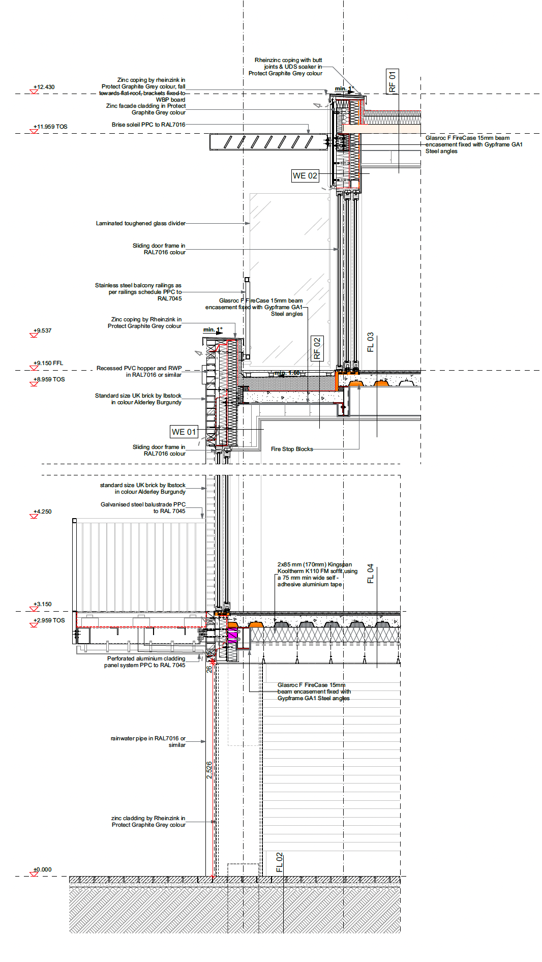 Architectural section drawing showing a wall, window, and floor detail with labeled construction layers