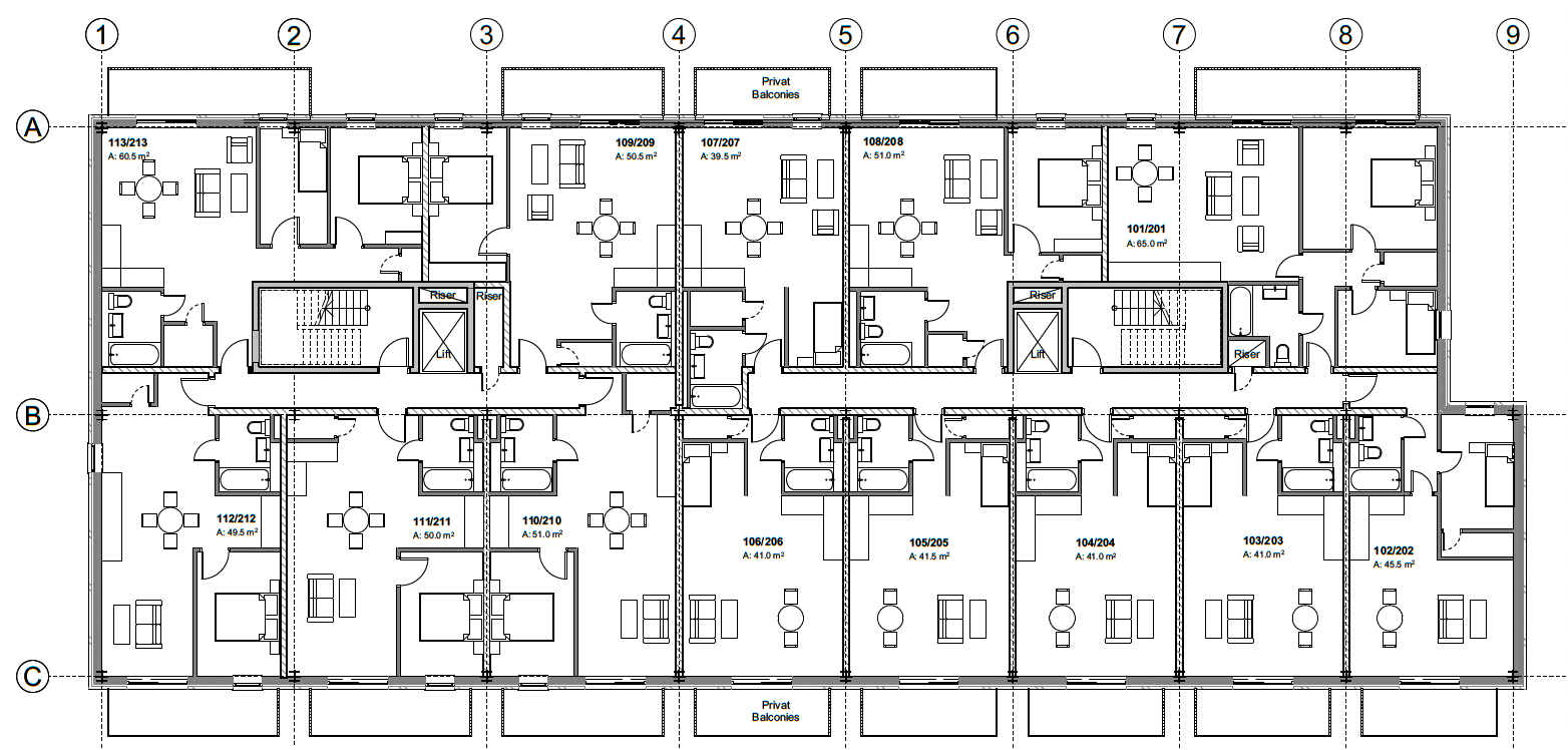 Black-and-white architectural floor plan of a multi-room building layout