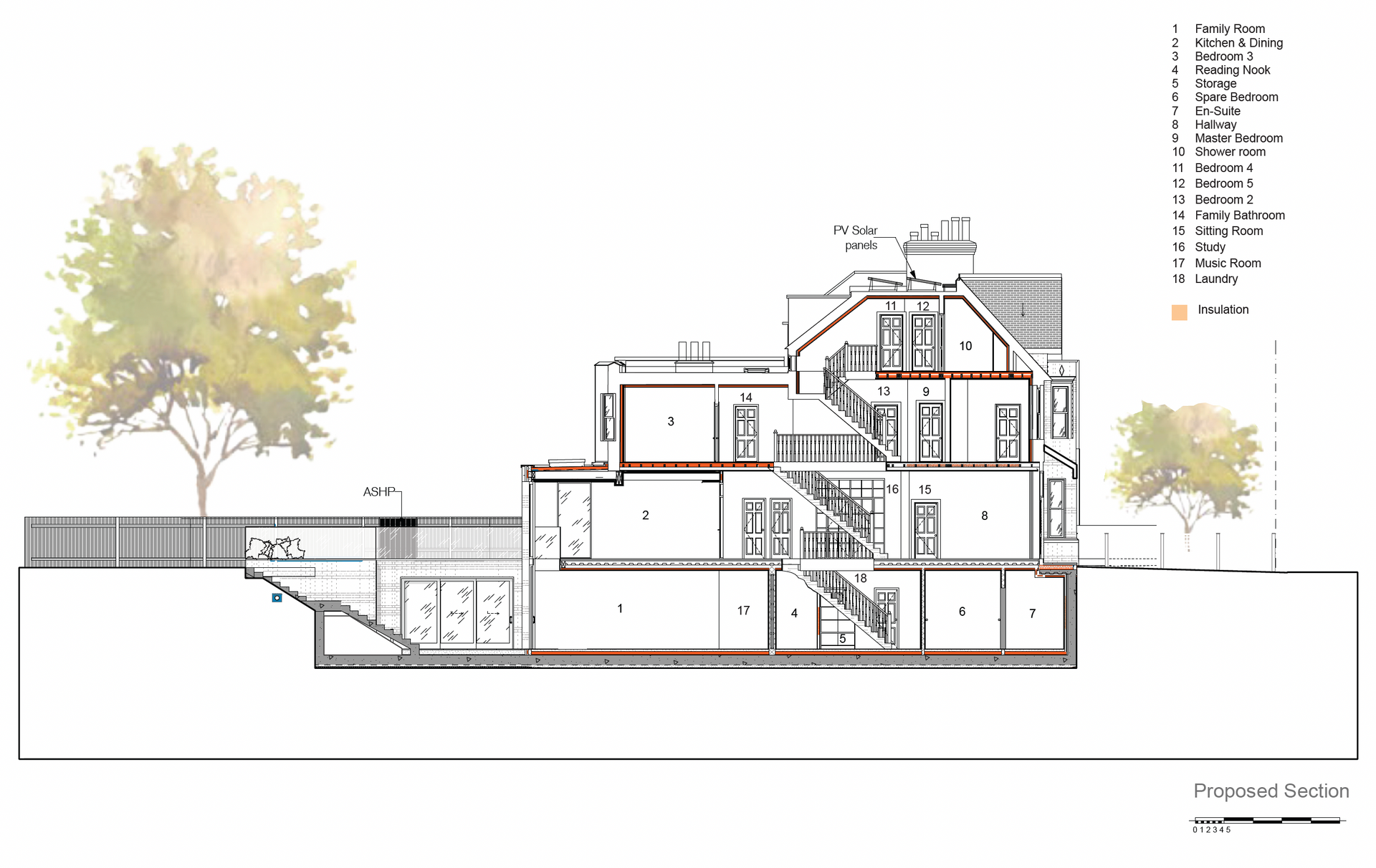 Exploded axonometric house cutaway showing roof panels, interior rooms, and detached facade wall