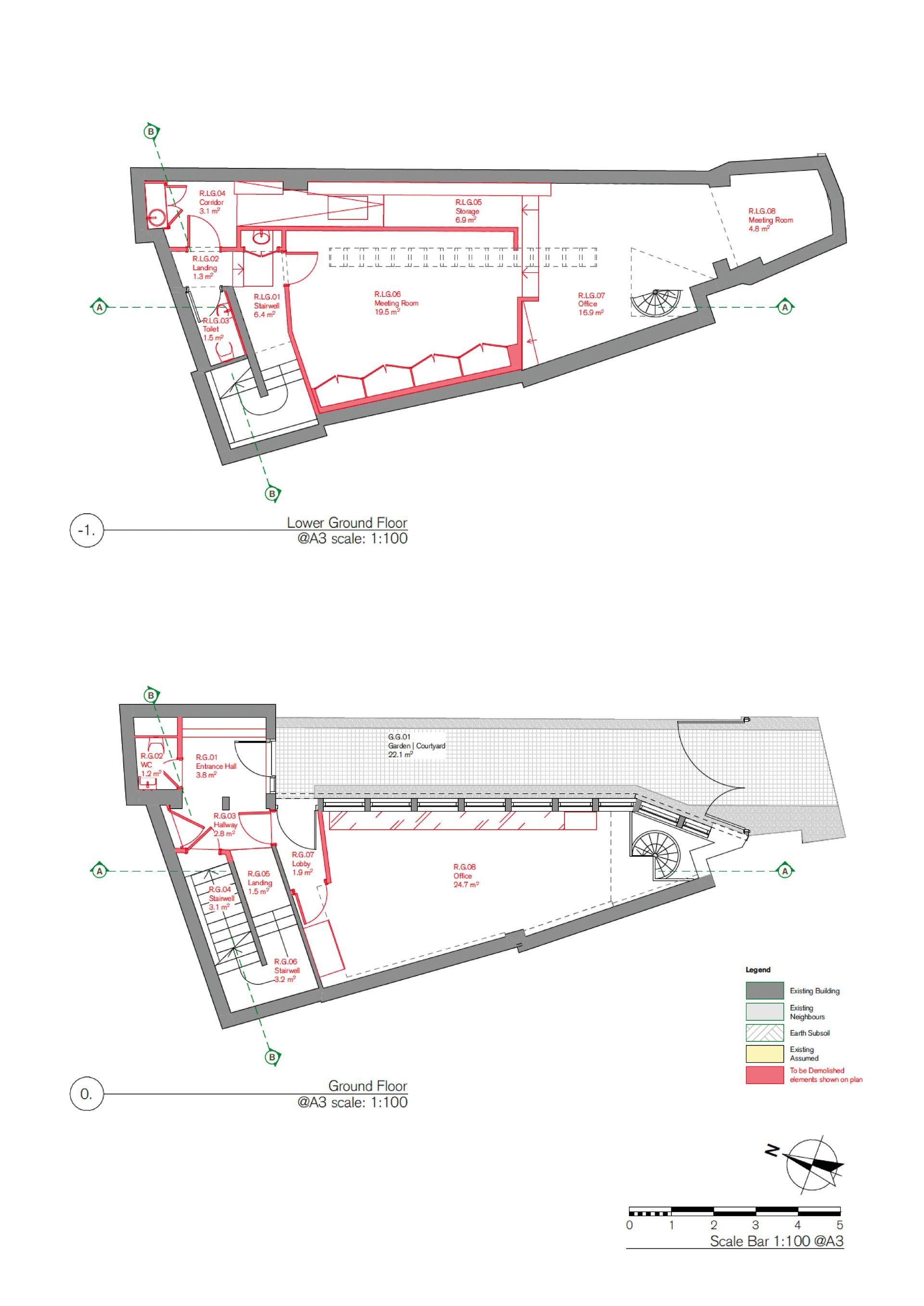 Annotated building floor plan with two layout drawings, red route markings, and a color legend