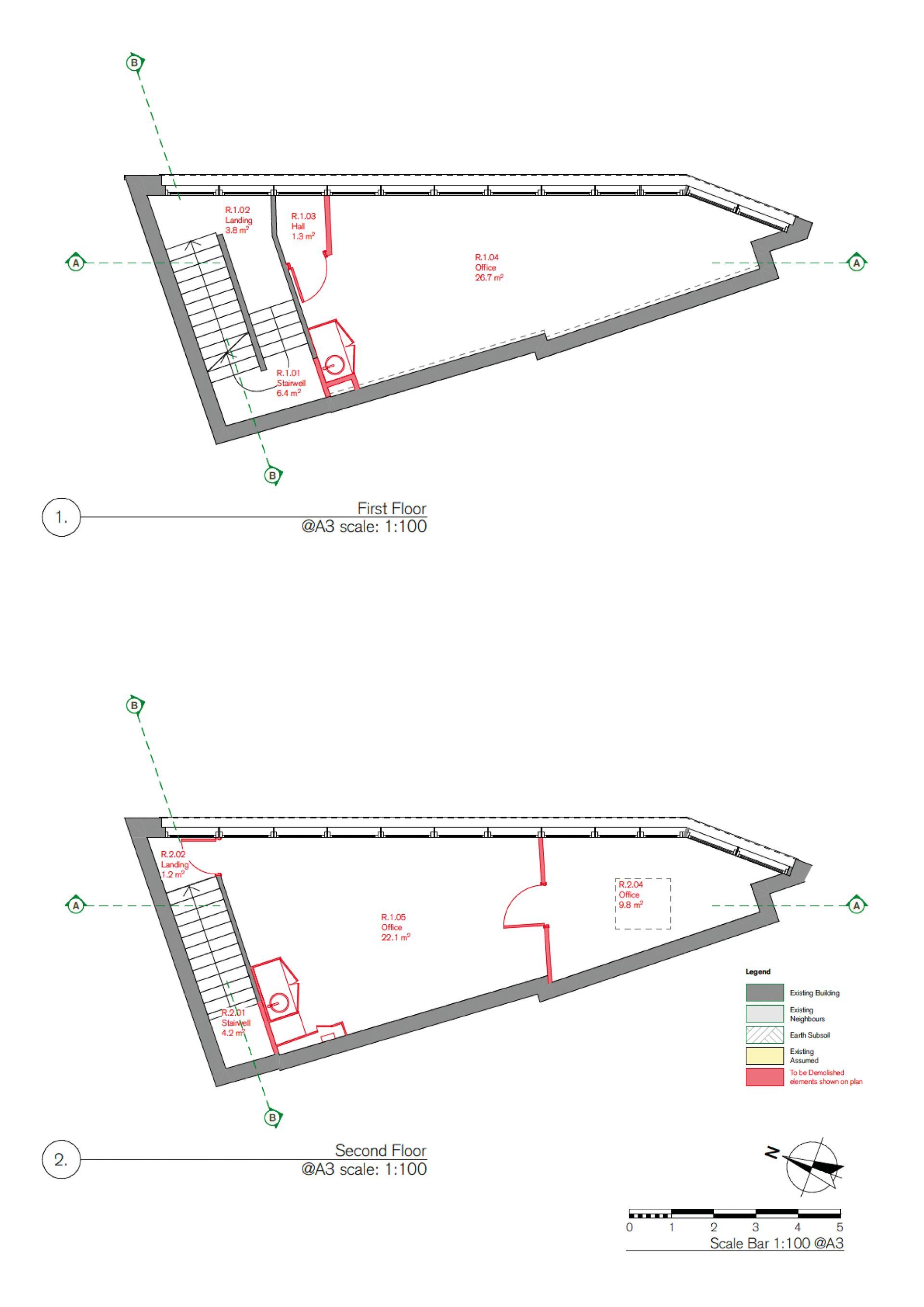 Two site plan diagrams of a long polygonal building layout with colored zone annotations and arrows.