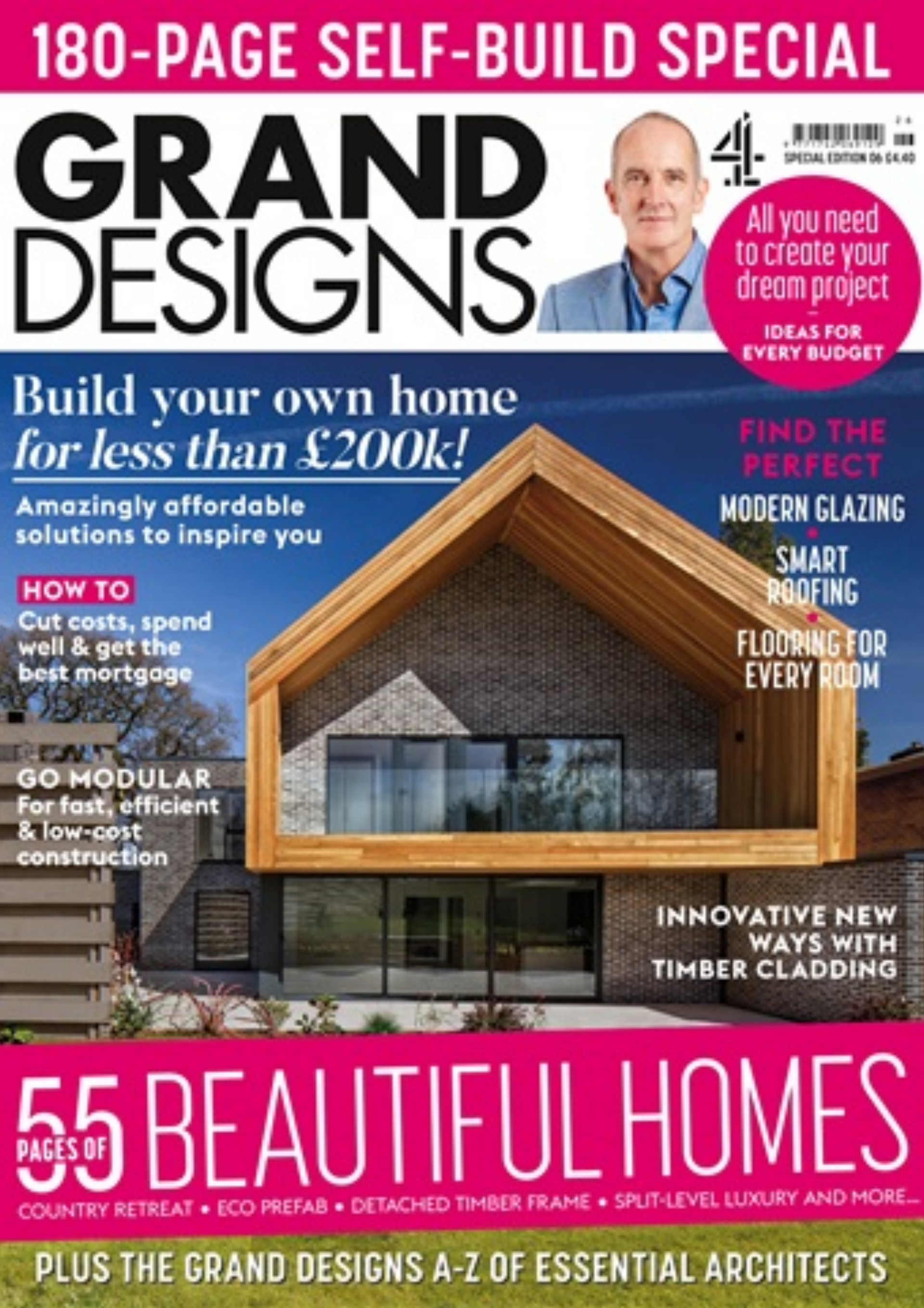 Grand Designs magazine cover featuring a modern house and pink banners promoting 55 beautiful homes and self-build tips