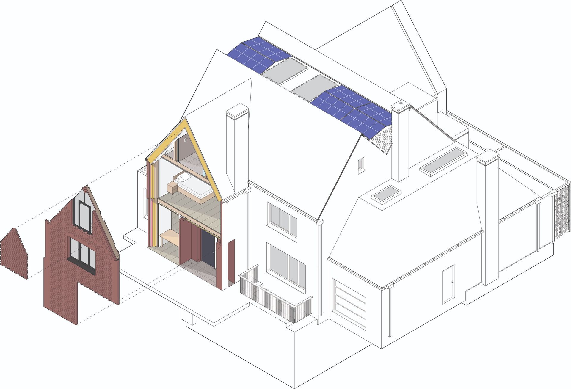 Exploded axonometric house cutaway showing roof panels, interior rooms, and detached facade wall