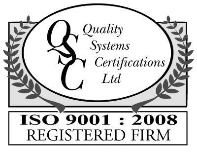 Logo of Quality Systems Certifications Ltd, ISO 9001:2008 Registered Firm, oval with laurel wreath, black text.