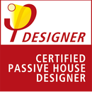 Certified Passive House Designer logo in red and yellow with white text on a red background
