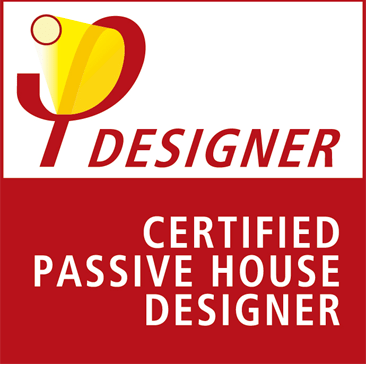 Passive House Designer certified logo in red, yellow, and white