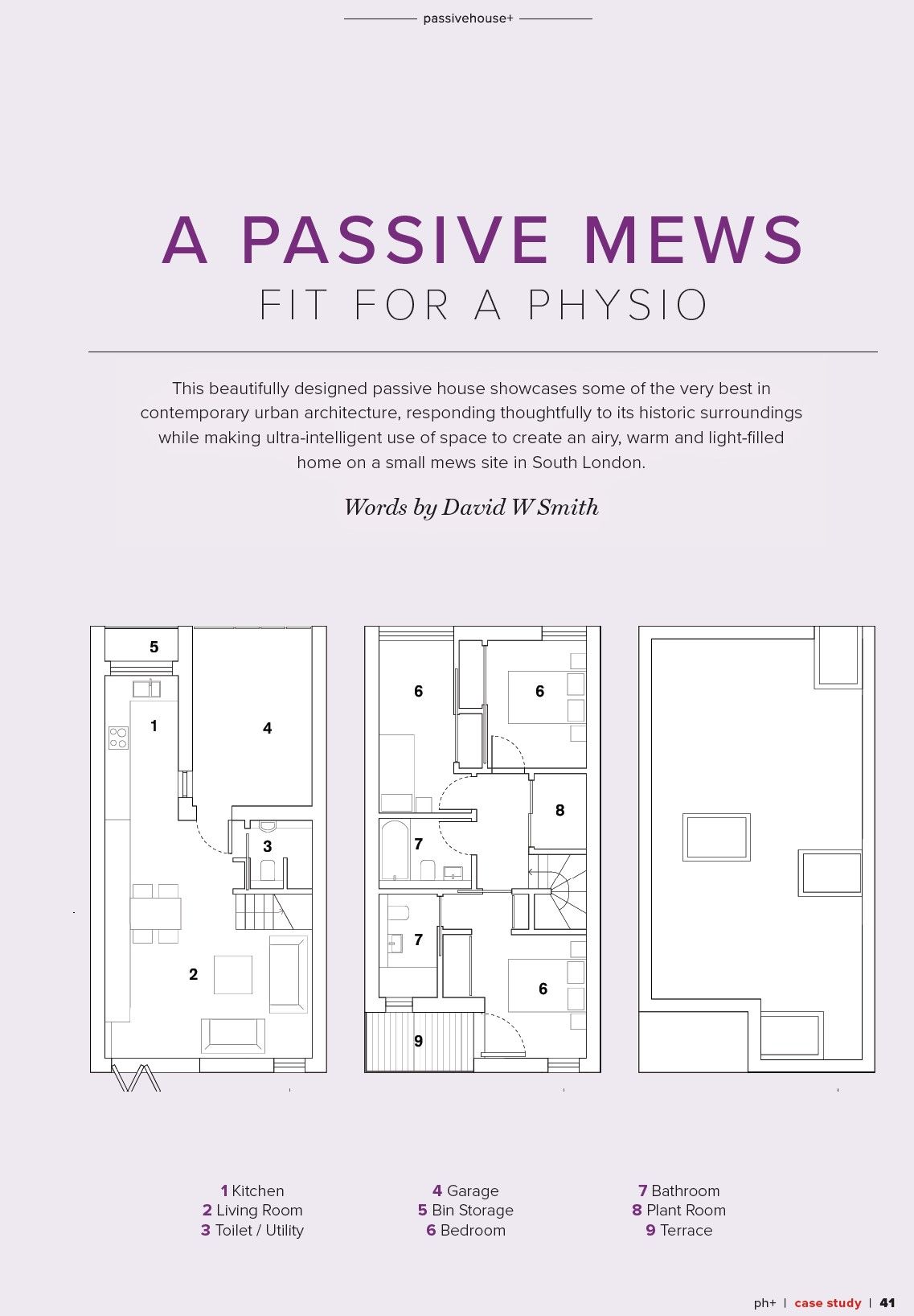 Floor plan poster titled “A Passive Mews Fit for a Physicist,” with three architectural layout panels.