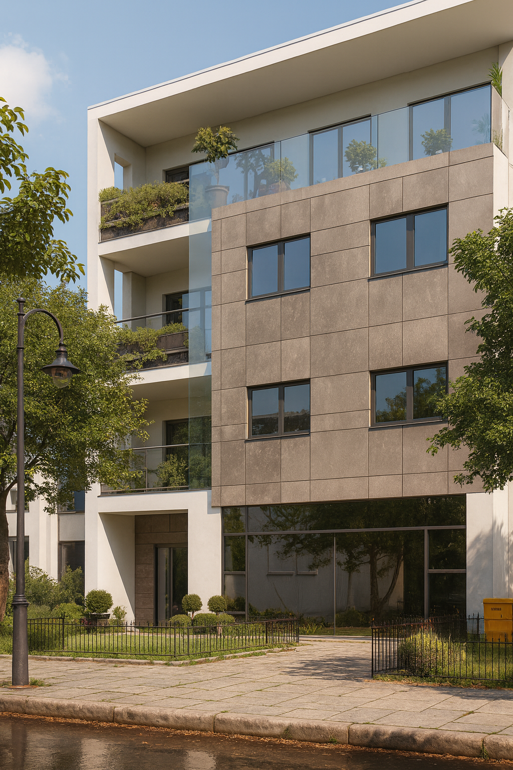 Modern apartment building with balconies, large windows, and a landscaped front entrance