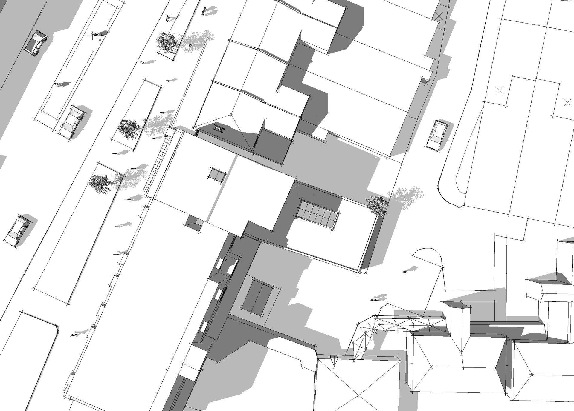 Top-down grayscale architectural site plan with buildings, roads, and shaded structures.