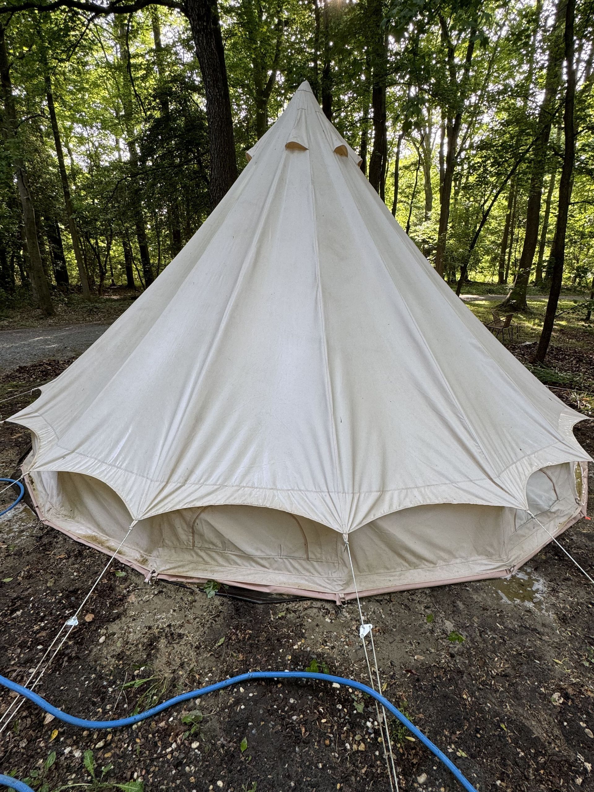 Tan bell tent pitched in a wooded area, with ropes and stakes visible.