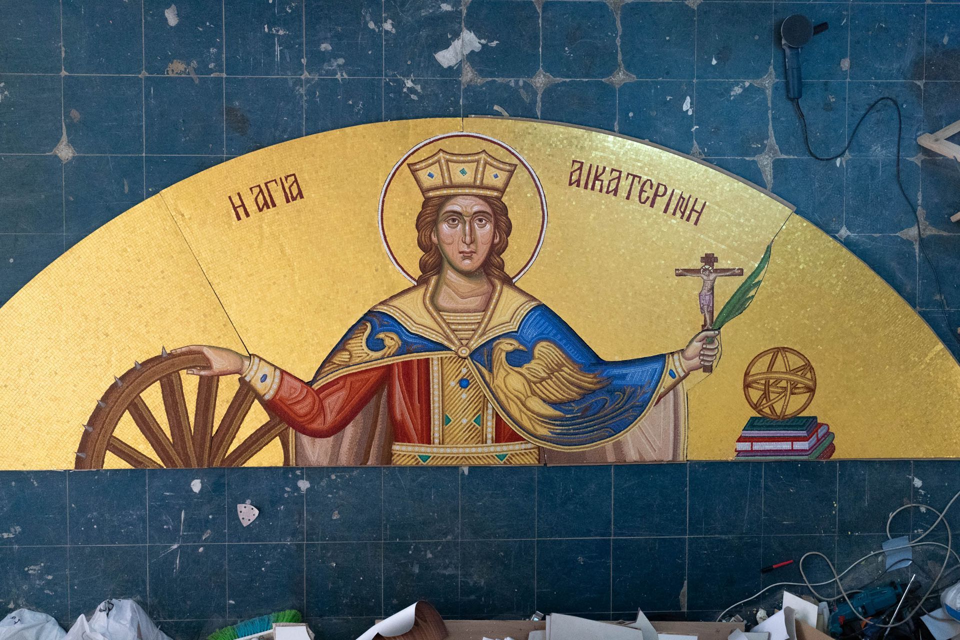 St. Catherine of the Wheel mosaic hand-cut church mosaic panel, Byzantine style, for St. Katherine Church in Naples, FL.