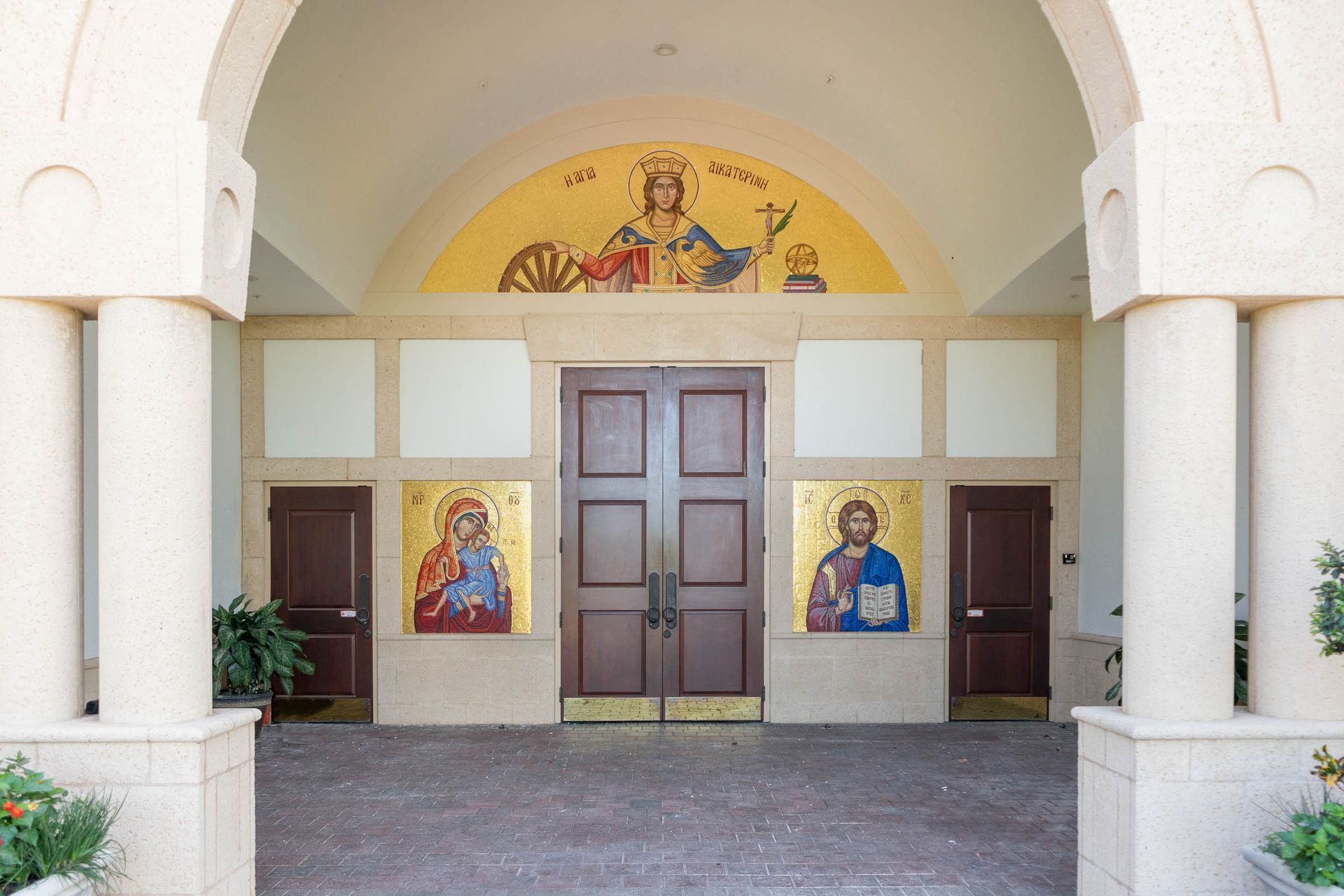 Byzantine smalti mosaics at St Katherine Greek Orthodox Church in Naples FL handcrafted exterior iconography installation