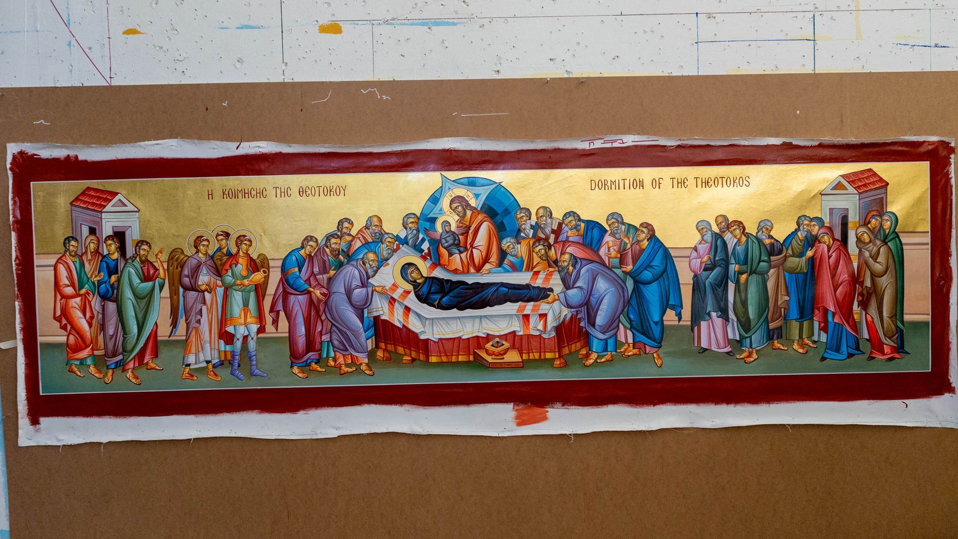 Hand Painted Dormition of the Theotokos icon with Apostles, Christ receiving her soul, new Byzantine Rite iconography