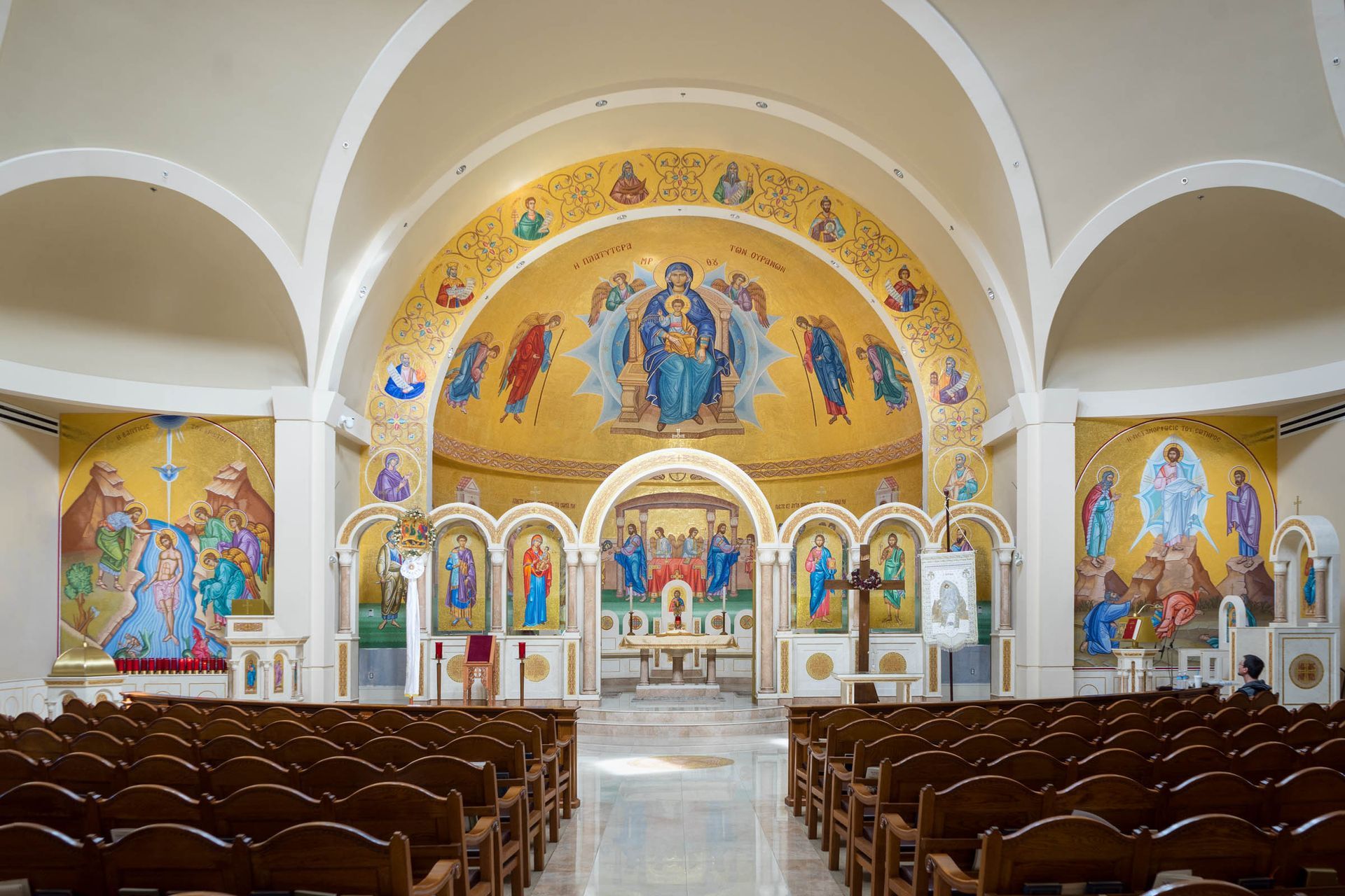 Completed installation of Byzantine Eastern Orthodox sanctuary, iconostasion, east wall & apse Platytera mosaics in Weston MA
