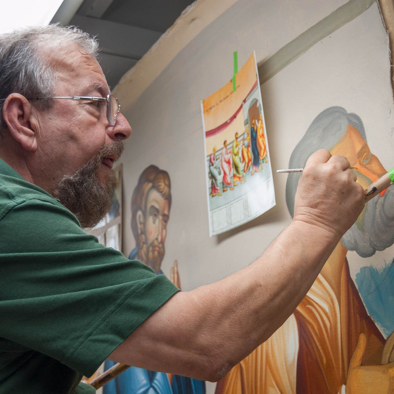 George Papastamatiou painting large Eastern Christian mural - hand-painted Byzantine, Coptic, Catholic iconography creation