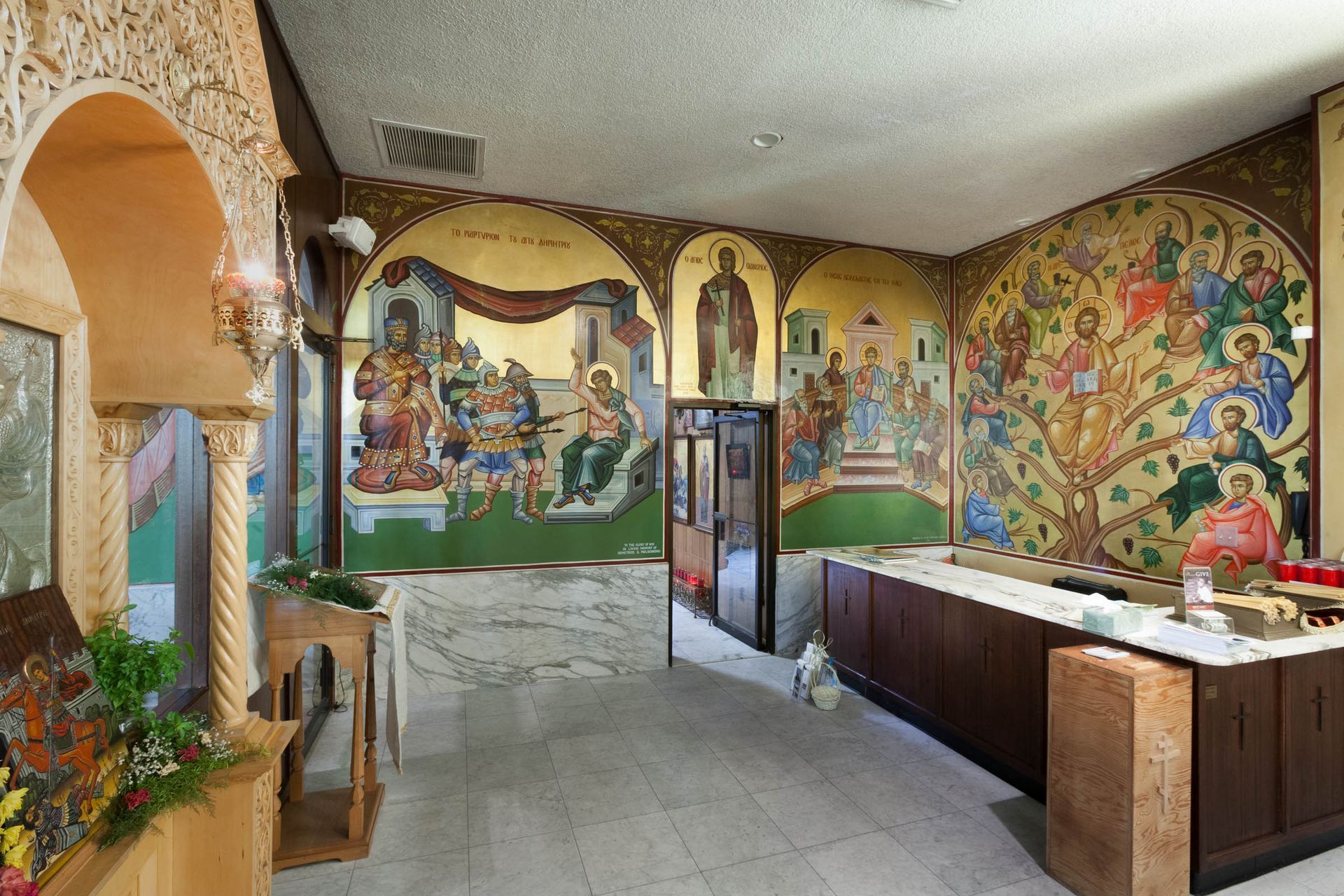 Narthex murals at St. Dimitrios, with Martyrdom of St. Dimitrios, by G Papastamatiou Byzantine Arttworks, in Daytona, FL