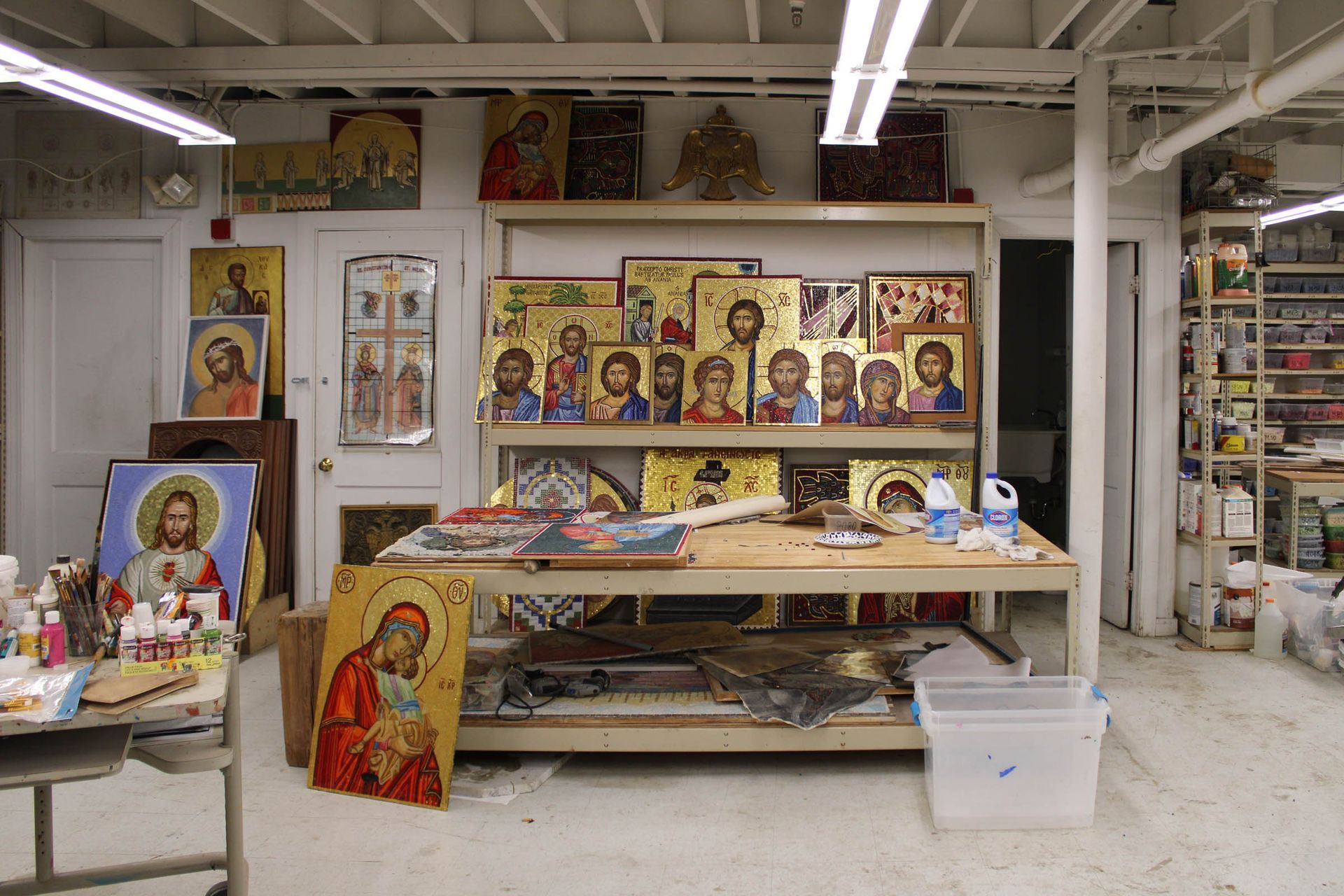 Handmade portable Byzantine mosaics arranged in studio. Custom commissioned church icon panels & liturgical smalti tile art