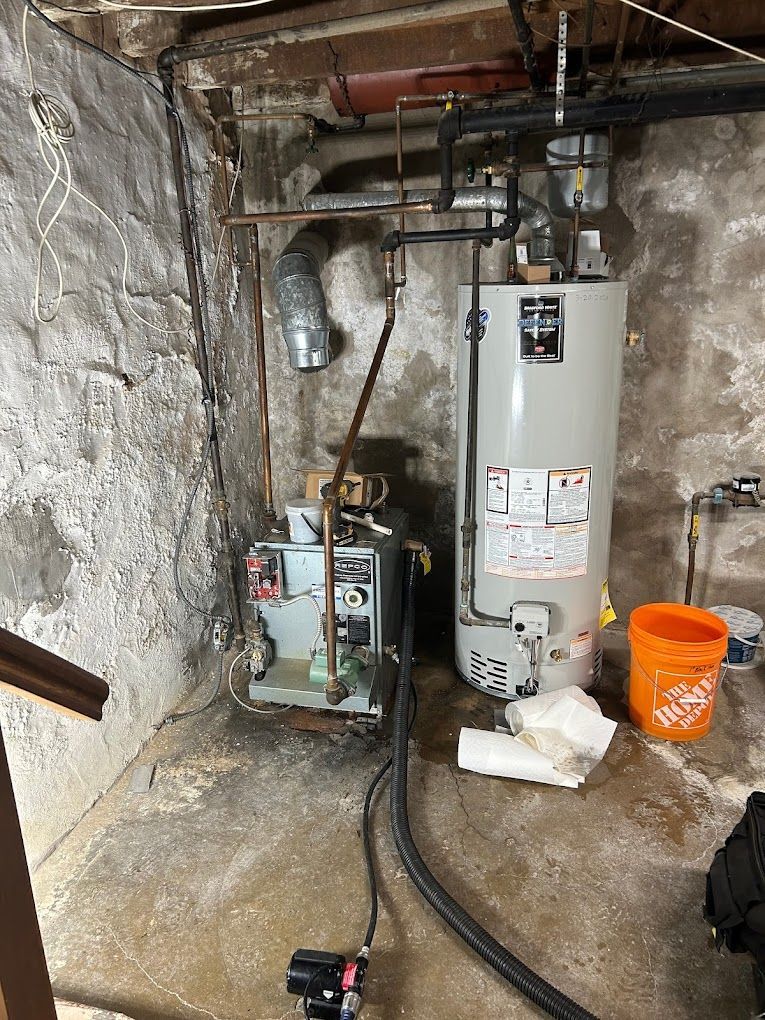 A water heater is sitting in a basement next to a furnace.