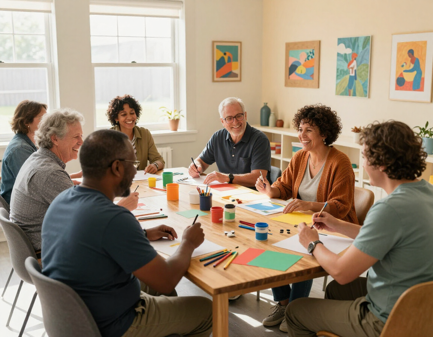 Participants engaged in a social and creative activity at The Rose Social Club