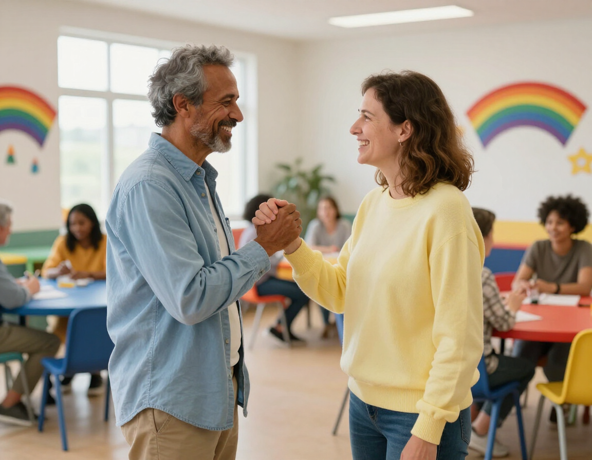 Participants greeting and laughing during a group activity