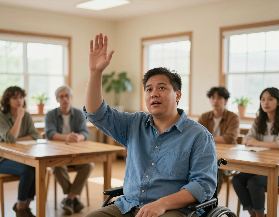 Participant confidently raising hand to speak in a group