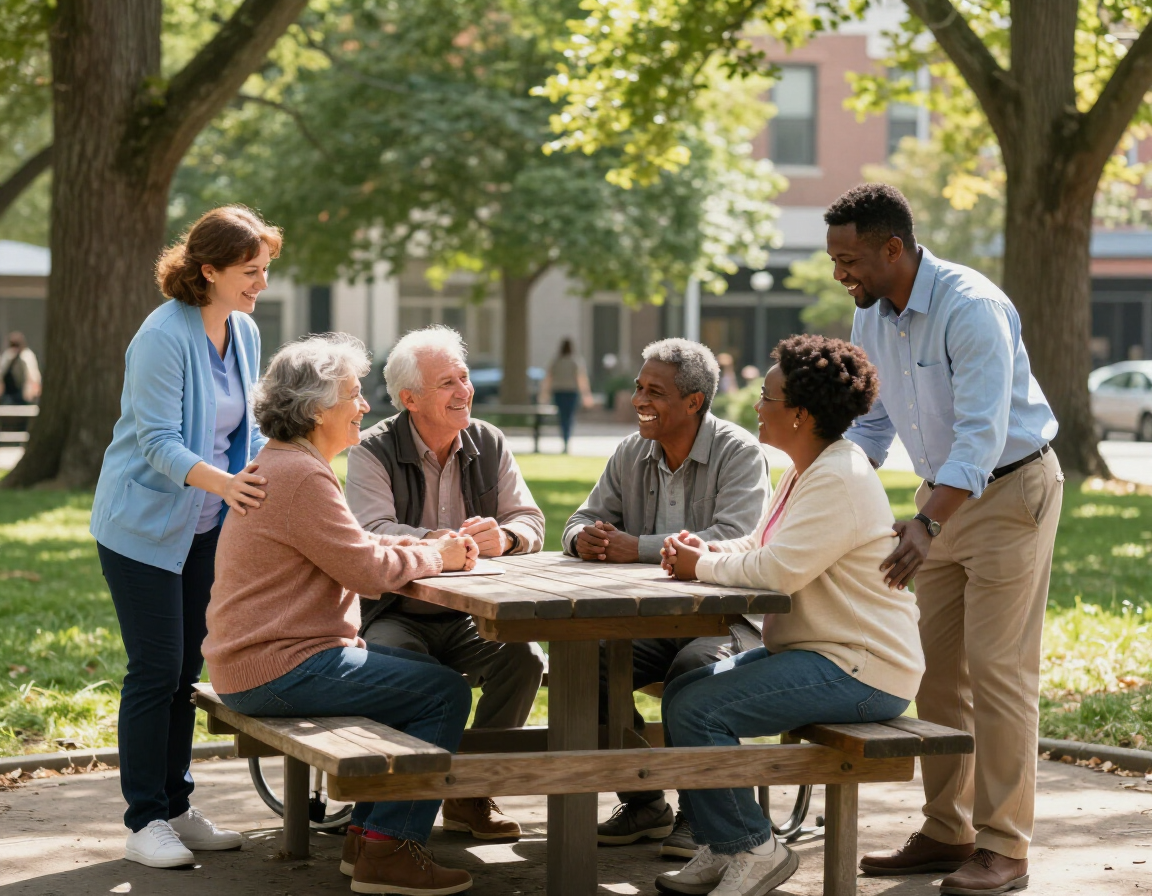 Adults exploring the community together at a park or museum