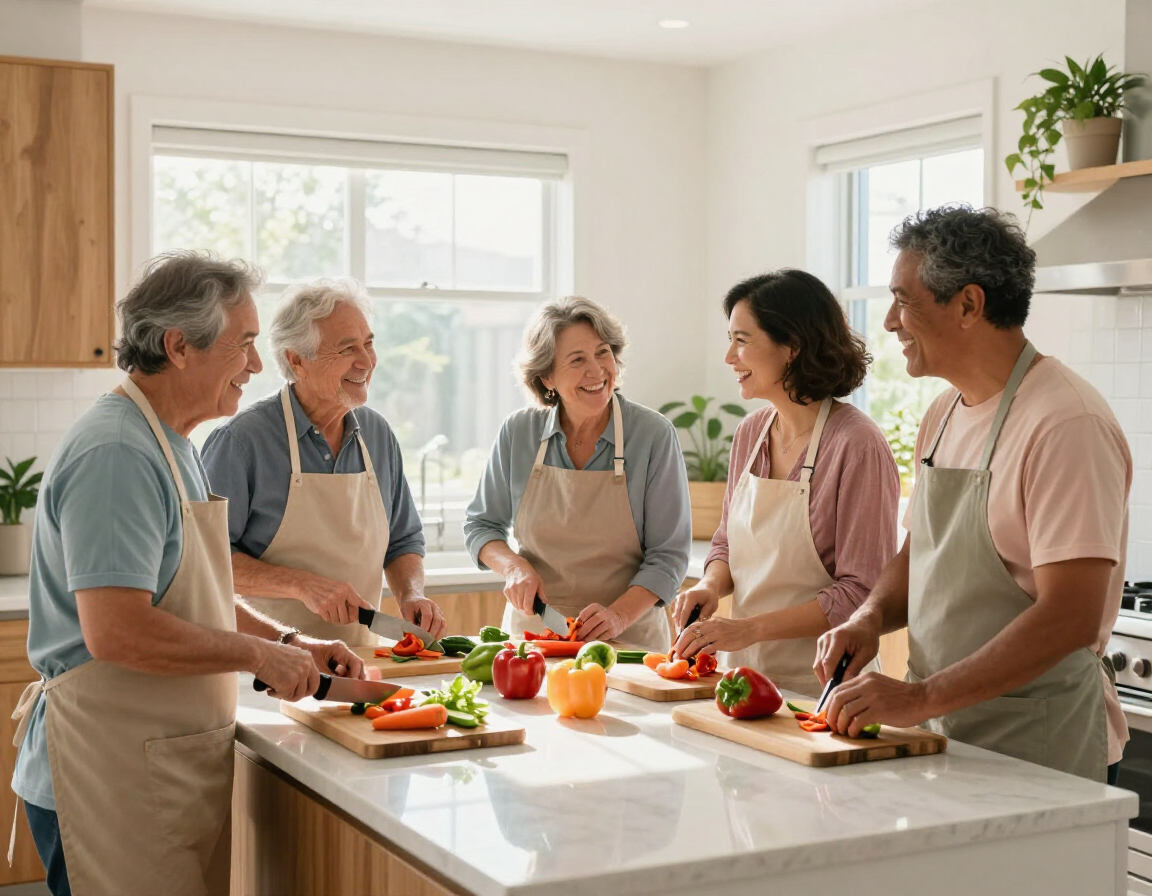 Adults preparing food together in a kitchen