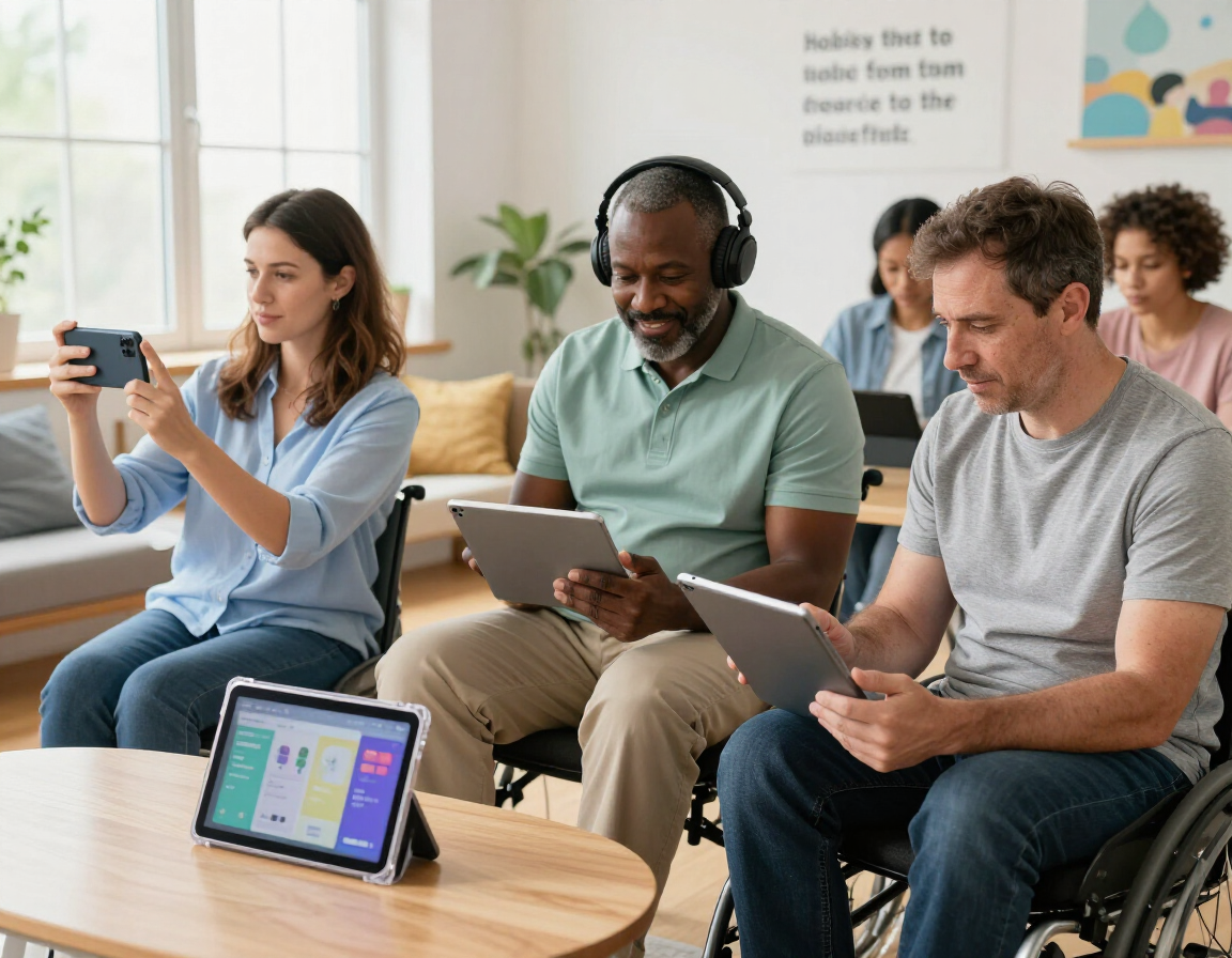 Adults using tablets and phones in a creative digital activity