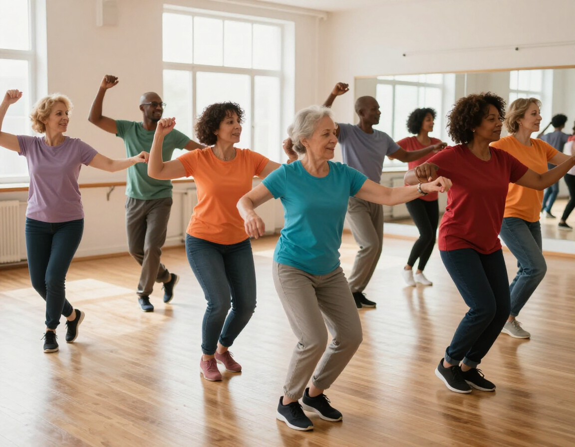 Adults enjoying a group dance class