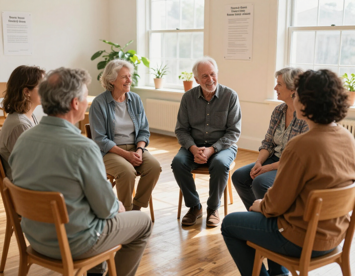 Adults in friendly group conversation