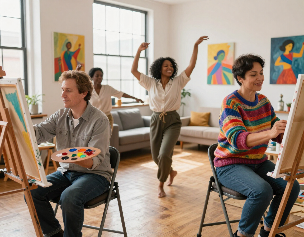 Adults engaged in painting and dance