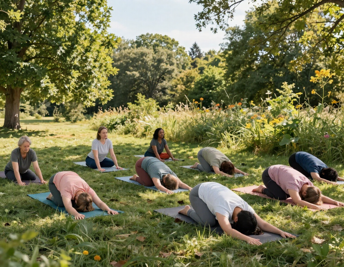 Adults doing yoga and outdoor wellness
