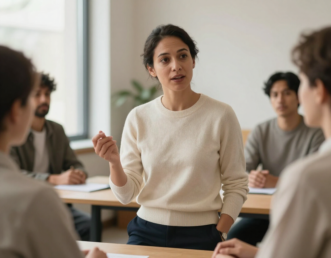 Adult confidently speaking in a group setting