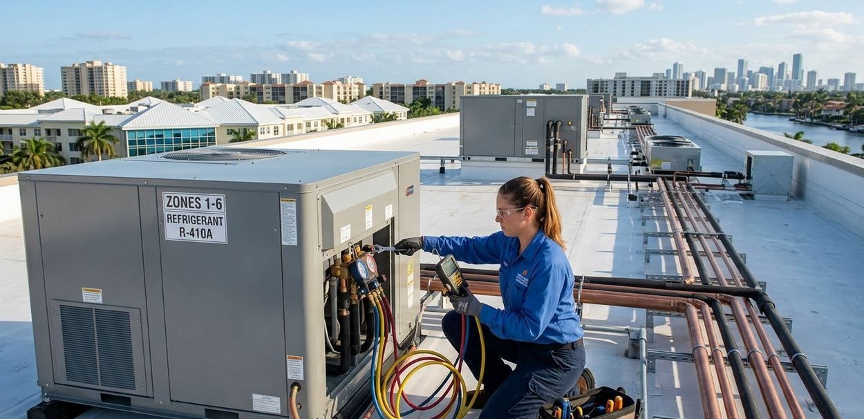 An HVAC technician carefully inspects a commercial rooftop unit with diagnostic tools, overlooking a city skyline.