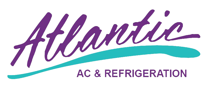 Logo for Atlantic Refrigeration, featuring purple cursive "Atlantic" above a teal line and "REFRIGERATION" in purple.