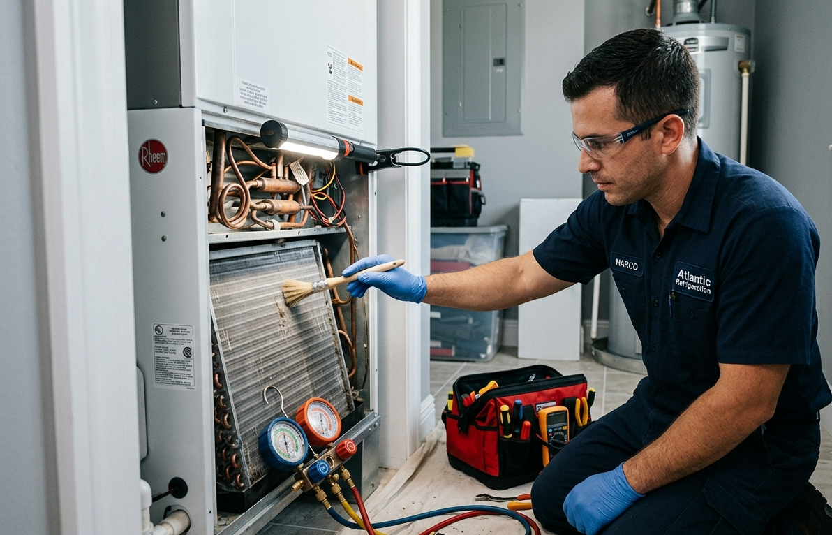 Atlantic Refrigeration technician performing preventative AC maintenance in a South Florida home.