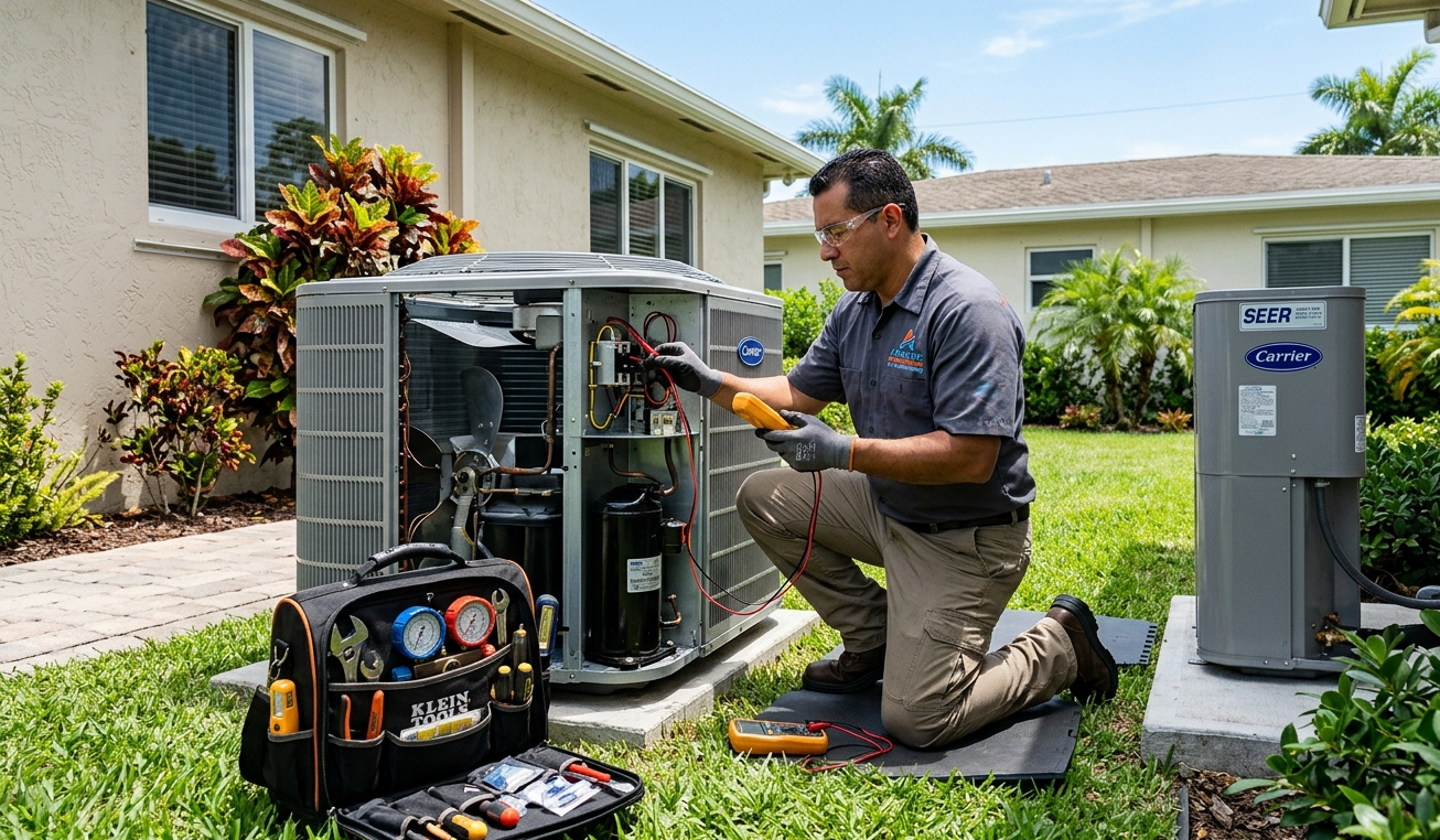HVAC technician performing AC repair and maintenance on an outdoor residential condenser unit