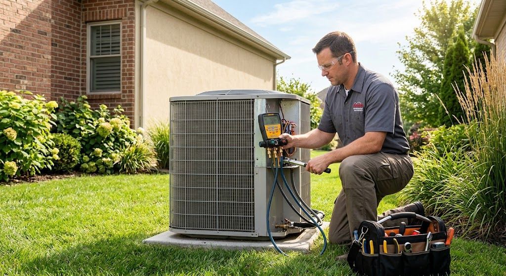 Professional HVAC technician performing routine ac service on an outdoor cooling unit