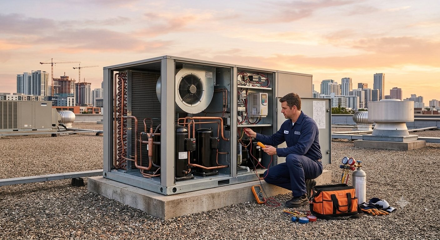 HVAC technician performing preventative maintenance on a commercial rooftop unit at sunset
