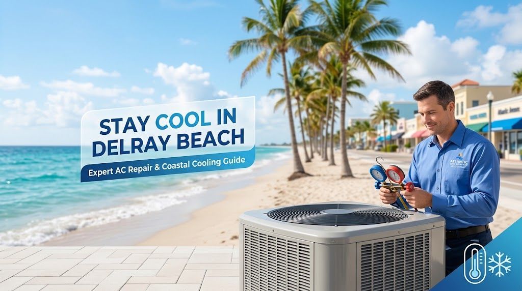 HVAC technician servicing outdoor air conditioner unit near the beach in Delray Beach Florida