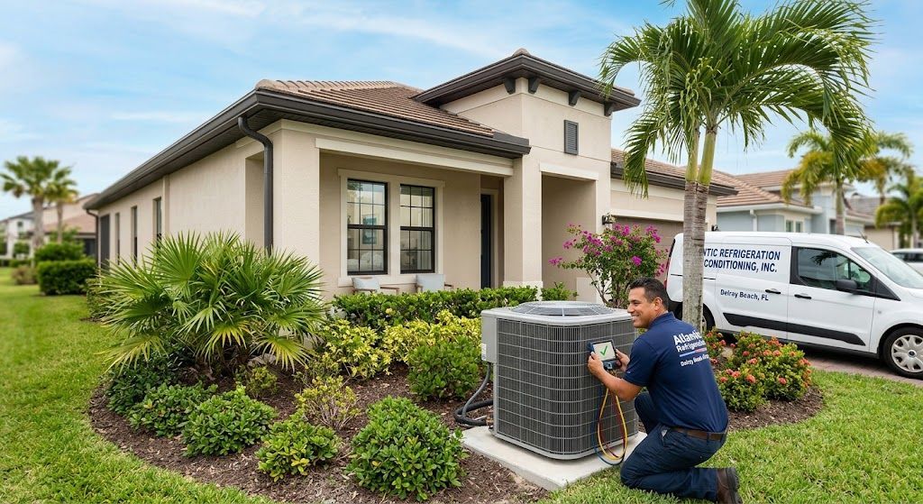 HVAC technician inspecting an outdoor AC unit at a home in Delray Beach Florida