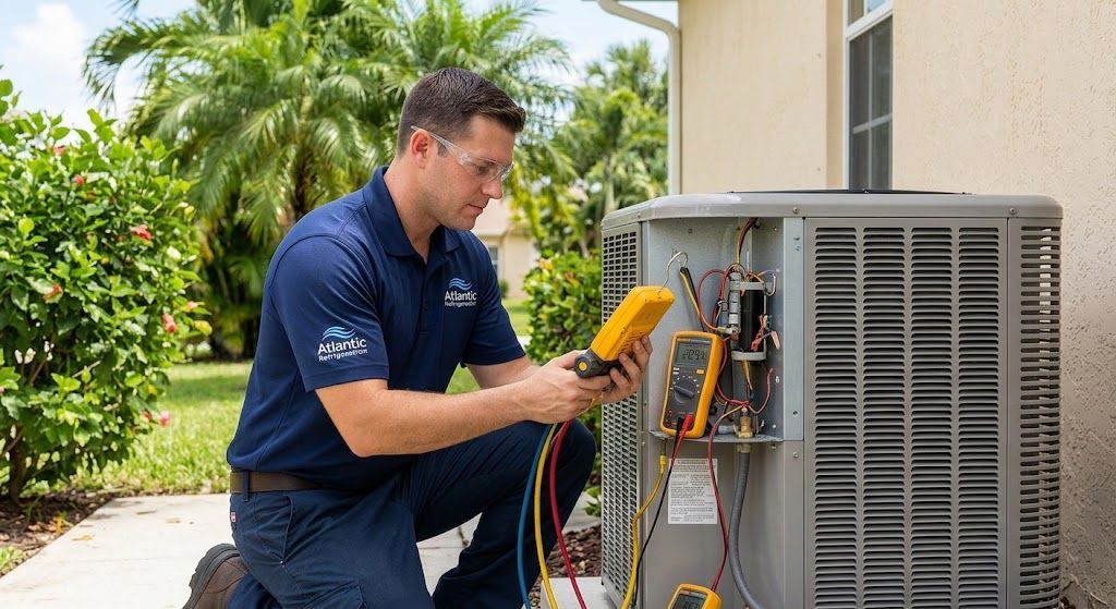 HVAC technician performing Delray Beach HVAC repair and maintenance on an AC unit