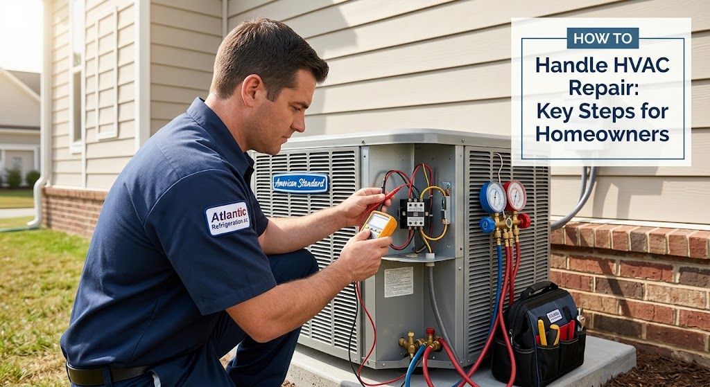 Technician using multimeter for HVAC repair service on outdoor air conditioner unit