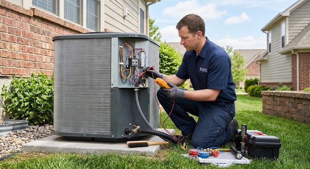 Professional technician performing HVAC maintenance on an outdoor unit