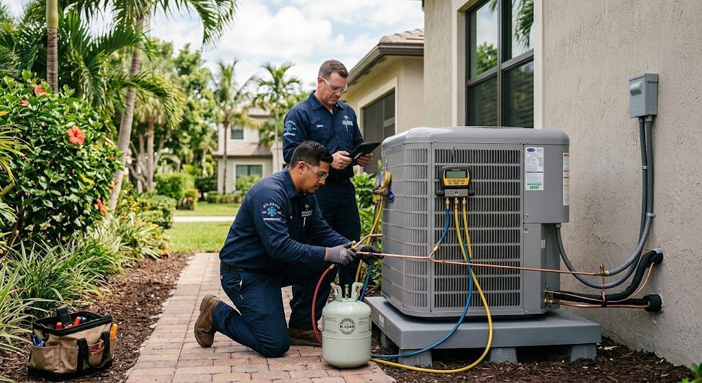 HVAC technicians performing a professional AC installation outside a Florida home.
