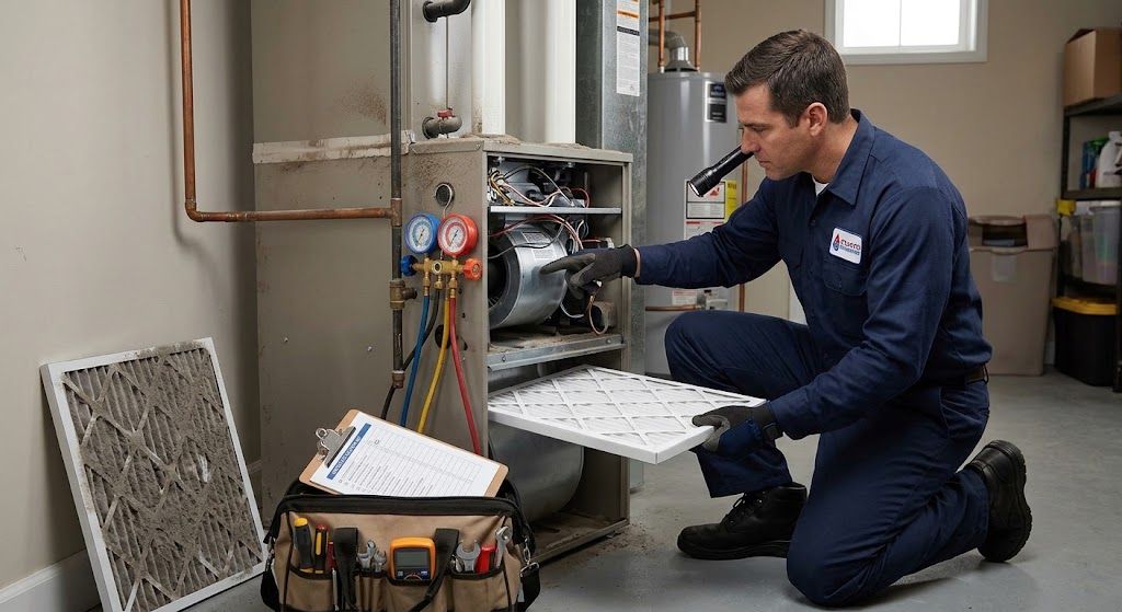 Technician performing heater maintenance.