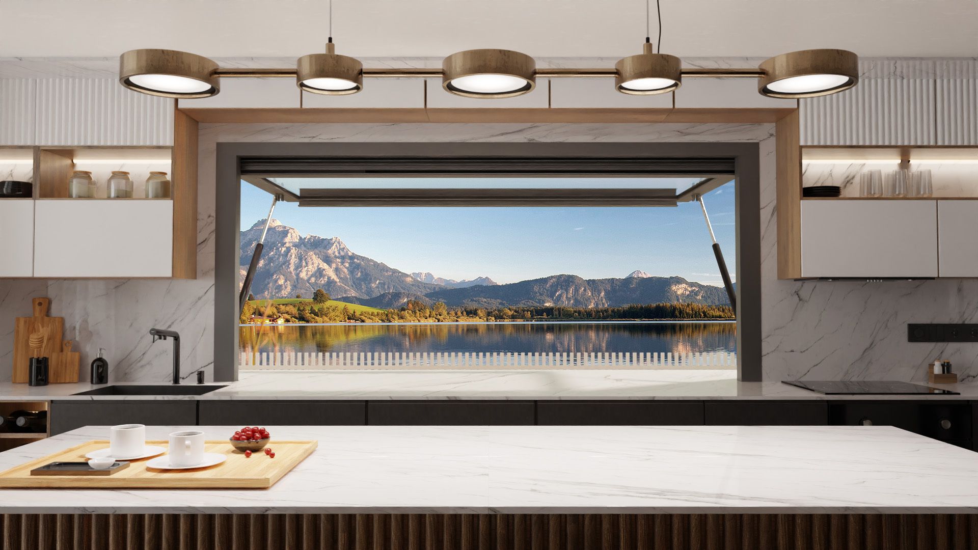 Modern kitchen with a large open window framing a mountain lake view